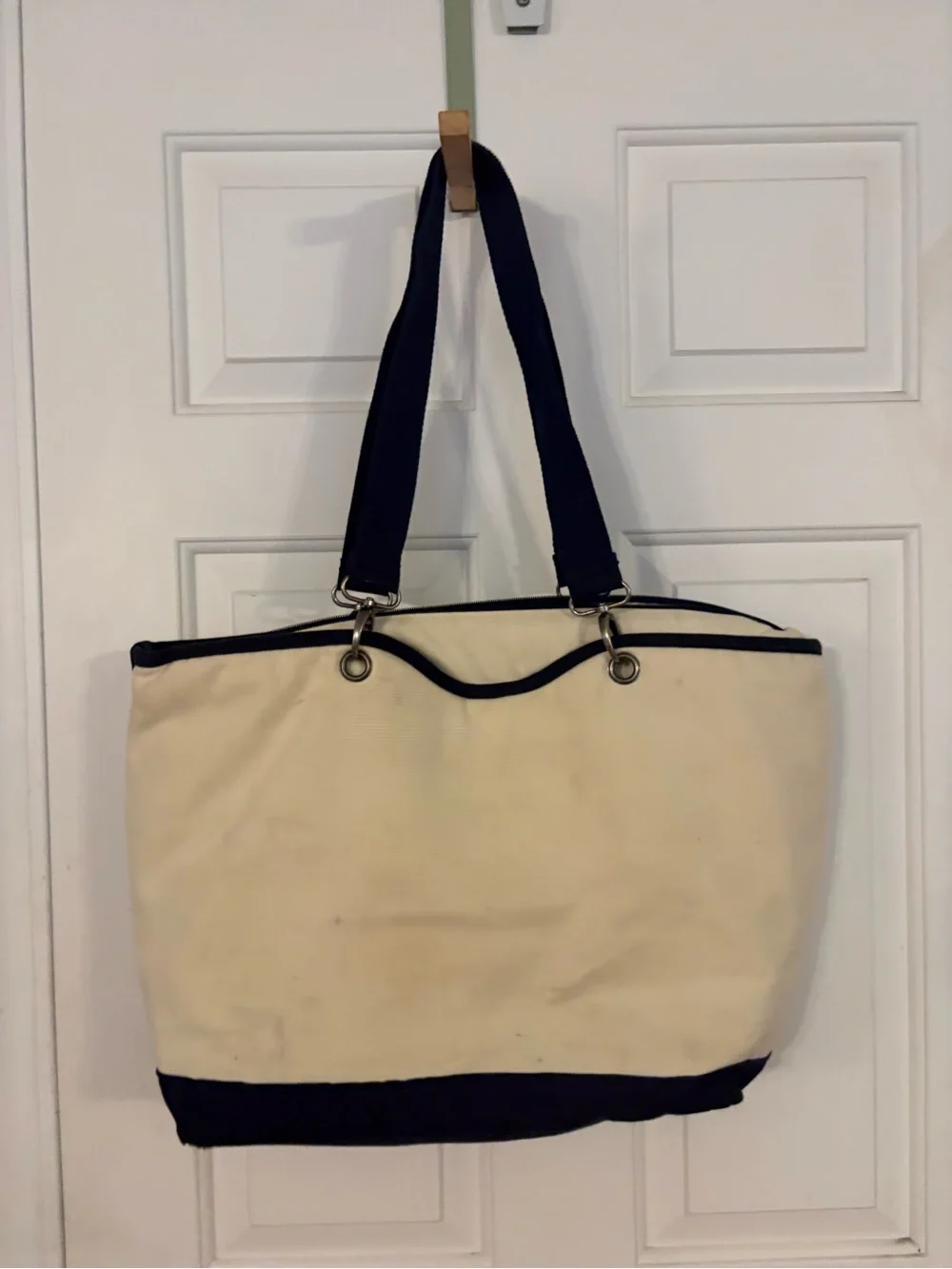 Canvas Flower Thermal Tote Bag in Cream and Navy